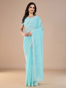 Akhilam - Womens Silk Blend Light Blue Embroidered Saree with Unstitched Blouse