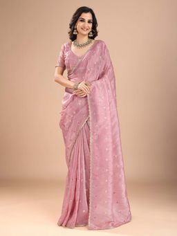 Akhilam - Womens Organza Pink Embroidered Saree with Unstitched Blouse