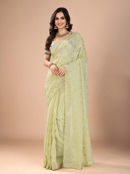 Akhilam - Womens Tissue Light Green Embellished Saree with Unstitched Blouse