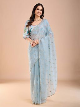 Akhilam - Womens Tissue Light Blue Embellished Saree with Unstitched Blouse