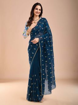 Akhilam - Womens Tissue Light Blue Embellished Saree with Unstitched Blouse