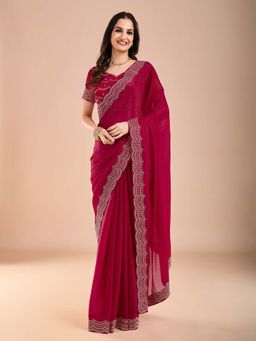 Akhilam - Womens Tissue Pink Embellished Saree with Unstitched Blouse