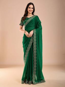 Akhilam - Womens Tissue Green Embellished Saree with Unstitched Blouse