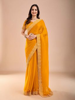 Akhilam - Womens Tissue Yellow Embellished Saree with Unstitched Blouse
