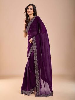 Akhilam - Womens Tissue Purple Embellished Saree with Unstitched Blouse