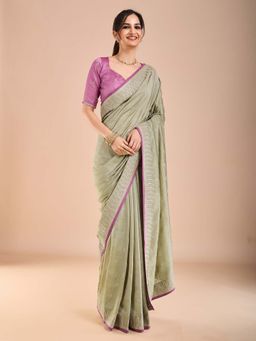 Akhilam - Womens Vichitra Silk Aqua Embroidered Saree with Unstitched Blouse