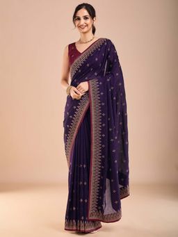 Akhilam - Womens Vichitra Silk Purple Embroidered Saree with Unstitched Blouse