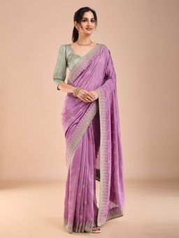 Akhilam - Womens Vichitra Silk Mauve Embroidered Saree with Unstitched Blouse