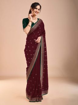 Akhilam - Womens Vichitra Silk Maroon Embroidered Saree with Unstitched Blouse