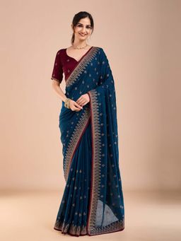 Akhilam - Womens Vichitra Silk Blue Embroidered Saree with Unstitched Blouse