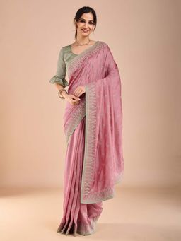 Akhilam - Womens Vichitra Silk Pink Embroidered Saree with Unstitched Blouse