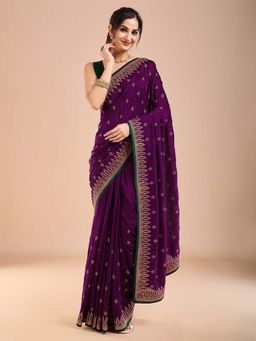 Akhilam - Womens Vichitra Silk Purple Embroidered Saree with Unstitched Blouse