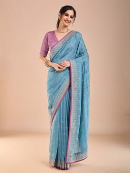 Akhilam - Womens Vichitra Silk Blue Embroidered Saree with Unstitched Blouse