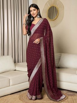 Akhilam - Womens Georgette Wine Printed Ready To Wear Saree with Unstitched Blouse