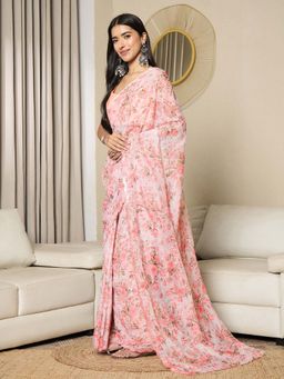 Akhilam - Womens Organza Off White Ready To Wear Saree with Unstitched Blouse