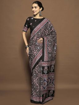 Akhilam - Womens Dola Silk Black Digital Print Ready To Wear Saree with Unstitched Blouse