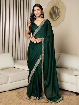 Akhilam - Womens Satin Dark Green Lace Work Ready To Wear Saree with Unstitched Blouse