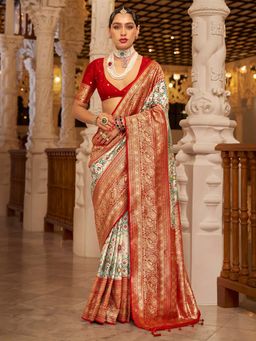 Akhilam - Womens Silk Blend Off White Woven Design Saree with Unstitched Blouse