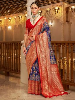 Akhilam - Womens Silk Blend Navy Blue Woven Design Saree with Unstitched Blouse