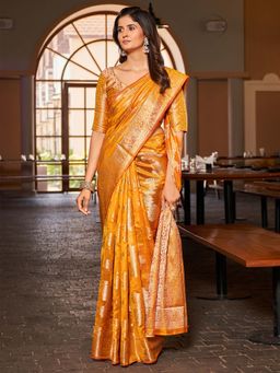 Akhilam - Womens Organza Yellow Woven Design Saree with Unstitched Blouse