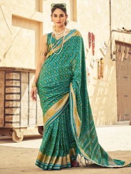 Akhilam - Womens Soft Silk Teal Blue Woven Design Saree with Unstitched Blouse