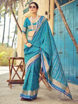 Akhilam - Womens Soft Silk Light Blue Woven Design Saree with Unstitched Blouse