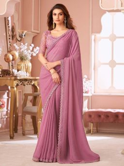 Akhilam - Womens Georgette Mauve Embellished Saree with Unstitched Blouse
