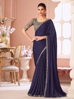 Akhilam - Womens Satin Silk Purple Embellished Saree with Unstitched Blouse