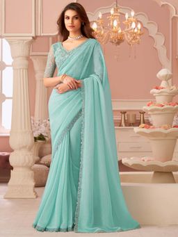 Akhilam - Womens Georgette Turquoise Embellished Saree with Unstitched Blouse