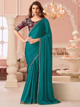 Akhilam - Womens Satin Silk Teal Embellished Saree with Unstitched Blouse