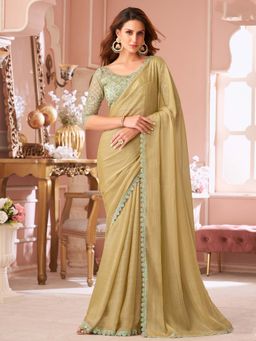 Akhilam - Womens Georgette Yellow Embellished Saree with Unstitched Blouse