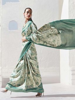 Akhilam - Womens Silk Blend Teal Blue Woven Design Saree with Unstitched Blouse