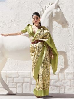 Akhilam - Womens Silk Blend Light Green Woven Design Saree with Unstitched Blouse