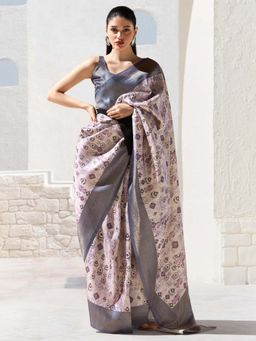 Akhilam - Womens Silk Blend Lavender Woven Design Saree with Unstitched Blouse