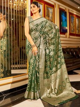 Akhilam - Womens Organza Green Woven Design Saree with Unstitched Blouse