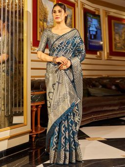 Akhilam - Womens Organza Teal Blue Woven Design Saree with Unstitched Blouse