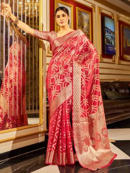 Akhilam - Womens Organza Red Woven Design Saree with Unstitched Blouse
