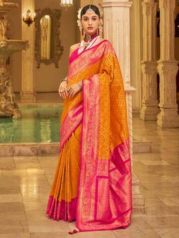 Akhilam - Womens Silk Blend Mustard Woven Design Saree with Unstitched Blouse