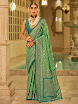 Akhilam - Womens Silk Blend Light Green Woven Design Saree with Unstitched Blouse