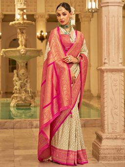 Akhilam - Womens Silk Blend Cream Woven Design Saree with Unstitched Blouse