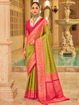 Akhilam - Womens Silk Blend Light Green Woven Design Saree with Unstitched Blouse