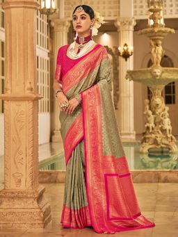 Akhilam - Womens Silk Blend Sea Green Woven Design Saree with Unstitched Blouse