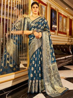 Akhilam - Womens Organza Teal Blue Woven Design Saree with Unstitched Blouse