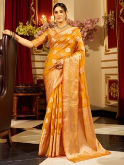 Akhilam - Womens Organza Yellow Woven Design Saree with Unstitched Blouse
