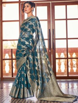 Akhilam - Womens Organza Teal Blue Woven Design Saree with Unstitched Blouse