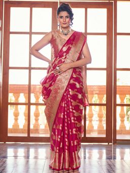 Akhilam - Womens Organza Pink Woven Design Saree with Unstitched Blouse