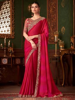 Akhilam - Womens Chiffon Pink Embellished Saree with Unstitched Blouse