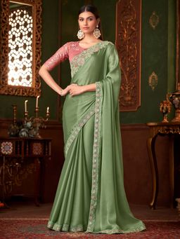 Akhilam - Womens Satin Silk Light Green Embellished Saree with Unstitched Blouse