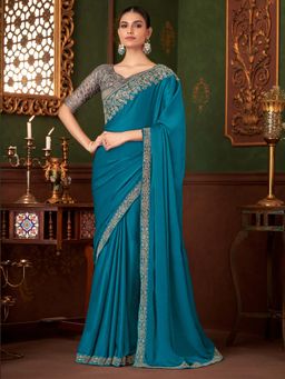 Akhilam - Womens Chiffon Blue Embellished Saree with Unstitched Blouse