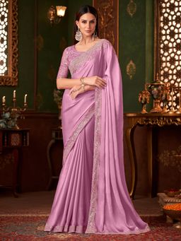 Akhilam - Womens Chiffon Mauve Embellished Saree with Unstitched Blouse